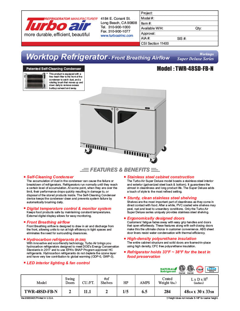 Turbo Air TWR-48SD-FB-N 48 1/4" Super Deluxe Worktop Refrigerator w/ (2) Sections, 2 Solid Doors, Front Breathing - Donut-Equipment.com