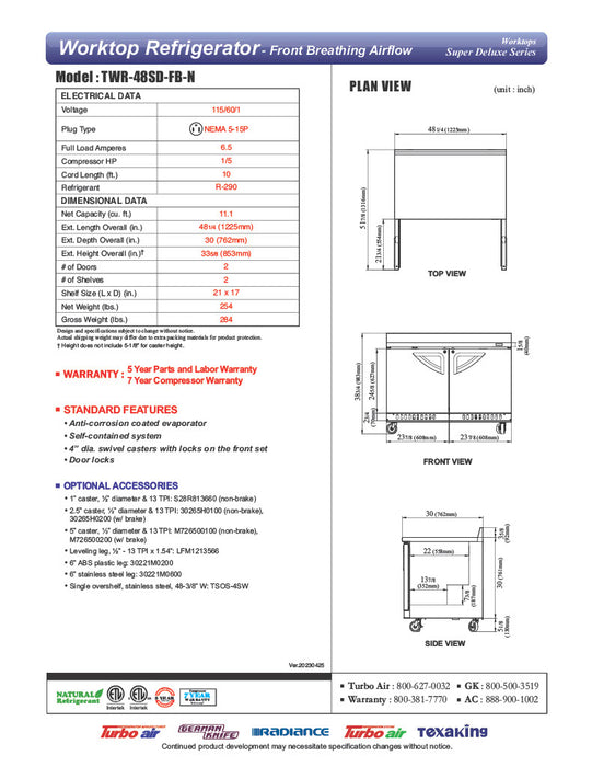 Turbo Air TWR-48SD-FB-N 48 1/4" Super Deluxe Worktop Refrigerator w/ (2) Sections, 2 Solid Doors, Front Breathing - Donut-Equipment.com