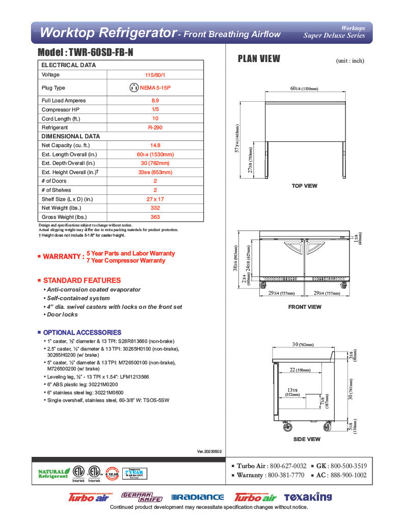 Turbo Air TWR-60SD-FB-N 60 1/4" Super Deluxe Worktop Refrigerator w/ (2) Sections, 2 Solid Doors, Front Breathing - Donut-Equipment.com