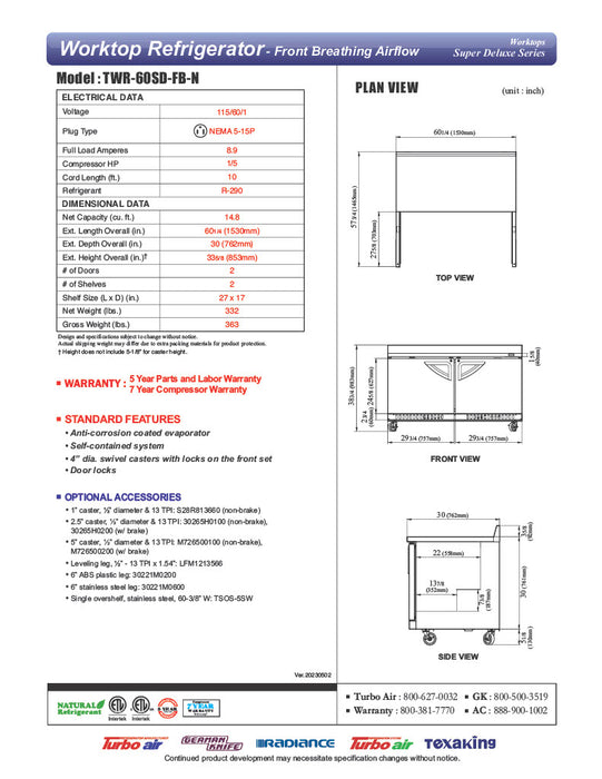 Turbo Air TWR-60SD-FB-N 60 1/4" Super Deluxe Worktop Refrigerator w/ (2) Sections, 2 Solid Doors, Front Breathing - Donut-Equipment.com