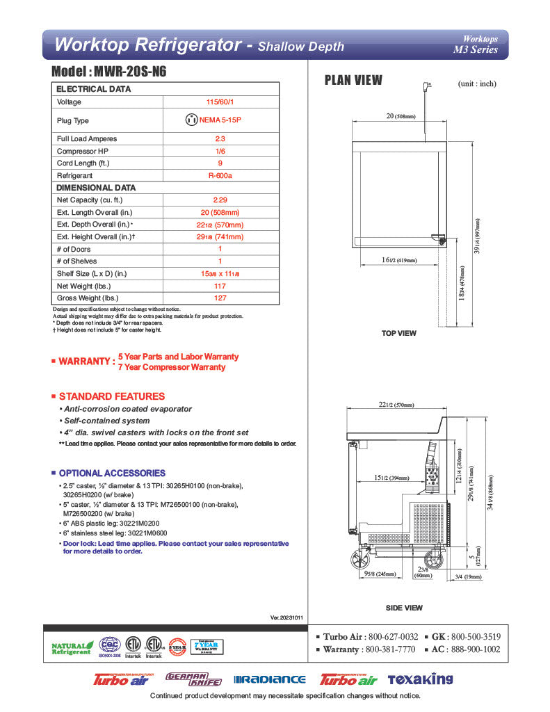 Turbo Air MWR-20S-N6 M3 Series 20" Shallow Depth Undercounter Worktop Refrigerator w/ (1) Section, 1 Solid Door - Donut-Equipment.com