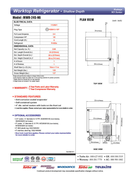 Turbo Air MWR-24S-N6 M3 Series 24" Shallow Depth Undercounter Worktop Refrigerator w/ (1) Section, 1 Solid Door - Donut-Equipment.com