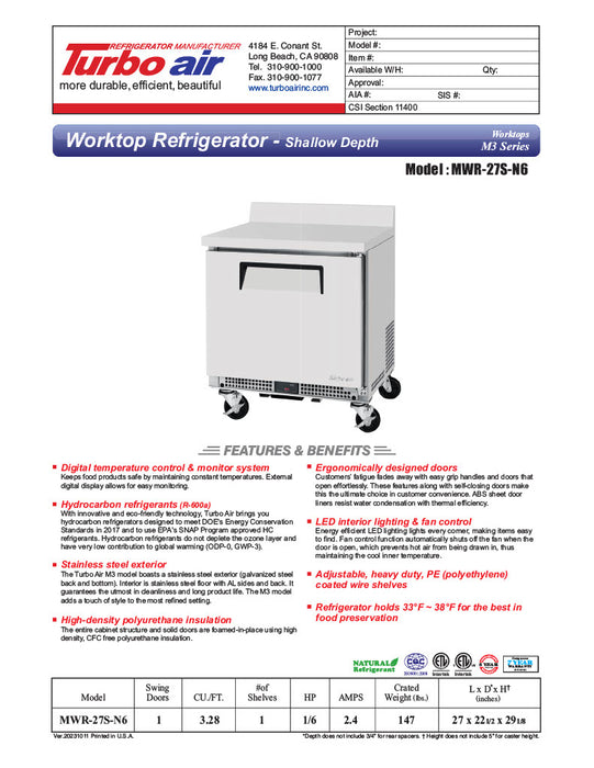 Turbo Air MWR-27S-N6 M3 Series 27" Shallow Depth Undercounter Worktop Refrigerator w/ (1) Section, 1 Solid Door - Donut-Equipment.com