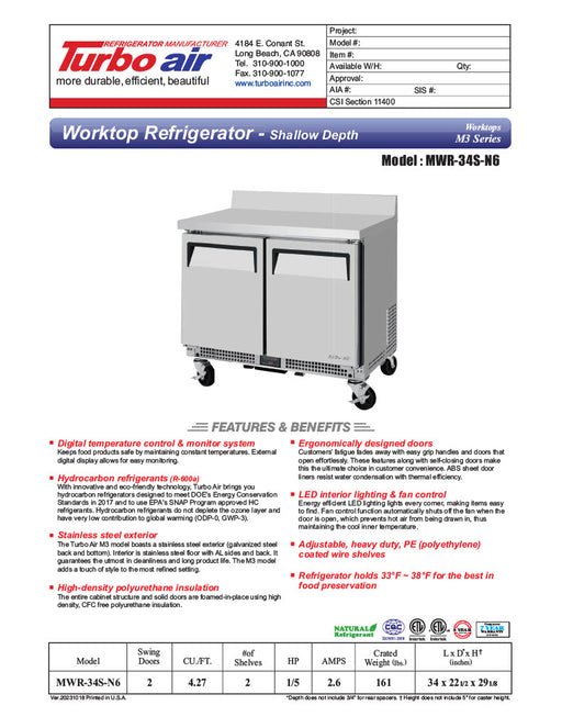 Turbo Air MWR-34S-N6 M3 Series 34" Shallow Depth Undercounter Worktop Refrigerator w/ (2) Section, 2 Solid Door - Donut-Equipment.com