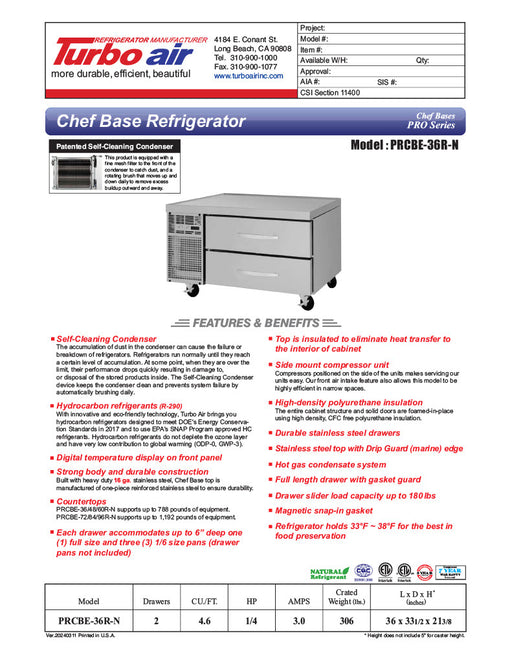 Turbo Air PRCBE-36R-N 36" PRO Series Chef Base w/ 2 Drawers - 115v - Donut-Equipment.com
