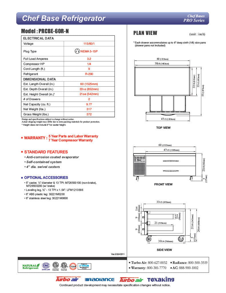 Turbo Air PRCBE-60R-N 60" PRO Series Chef Base w/ 4 Drawers - 115v - Donut-Equipment.com