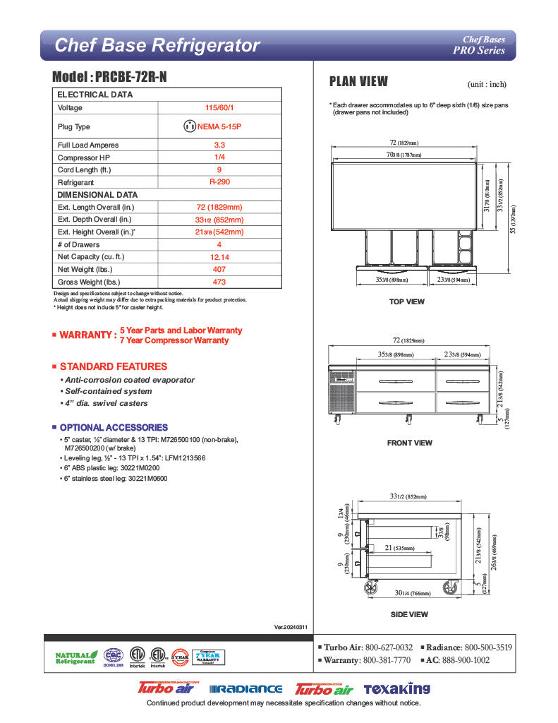 Turbo Air PRCBE-72R-N 72" PRO Series Chef Base w/ (4) Drawers - 115v - Donut-Equipment.com