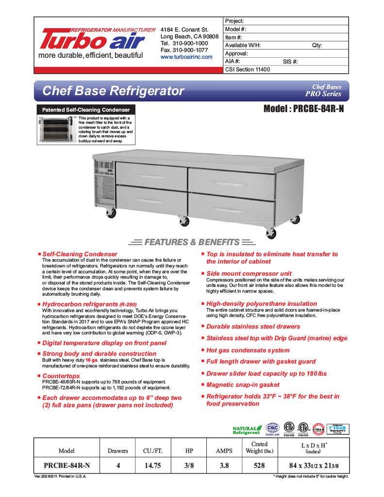 Turbo Air PRCBE-84R-N 84" PRO Series Chef Base w/ (4) Drawers - 115v - Donut-Equipment.com