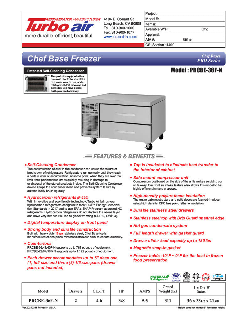Turbo Air PRCBE-36F-N 36" PRO Series Chef Base Freezer w/ (2) Drawers - 115v - Donut-Equipment.com