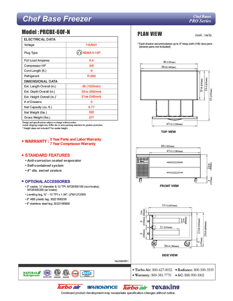 Turbo Air PRCBE-60F-N 60" PRO Series Chef Base Freezer w/ (4) Drawers – 115v - Donut-Equipment.com