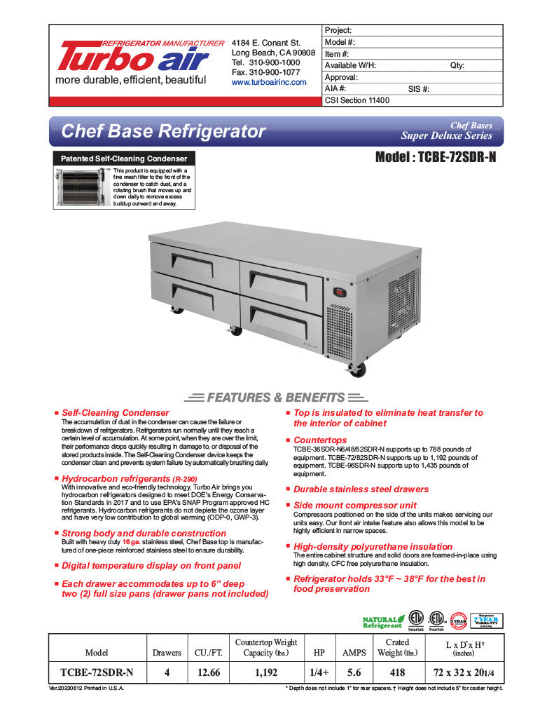 Turbo Air TCBE-72SDR-N 72" Super Deluxe Chef Base w/ (4) Drawers - 115v - Donut-Equipment.com
