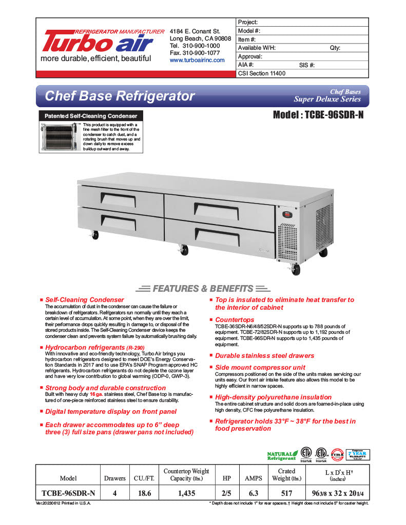 Turbo Air TCBE-96SDR-N 96 3/8" Super Deluxe Chef Base w/ (4) Drawers - 115v - Donut-Equipment.com