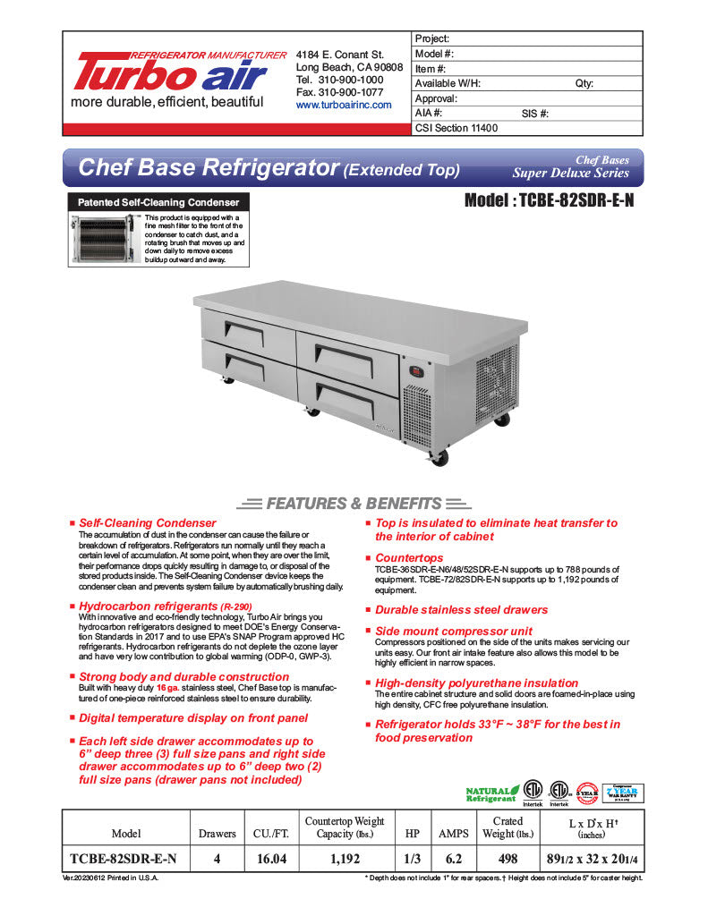 Turbo Air TCBE-82SDR-E-N 89 1/2" Super Deluxe Chef Base w/ 4 Drawers - 115v - Donut-Equipment.com