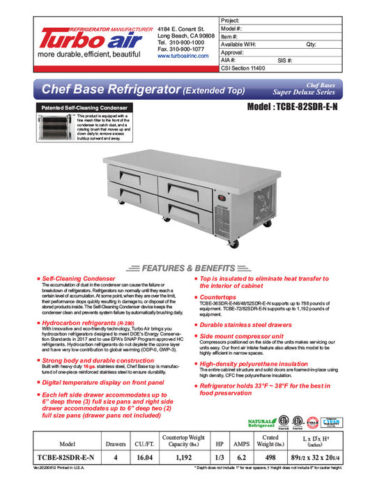 Turbo Air TCBE-82SDR-E-N 89 1/2" Super Deluxe Chef Base w/ 4 Drawers - 115v - Donut-Equipment.com
