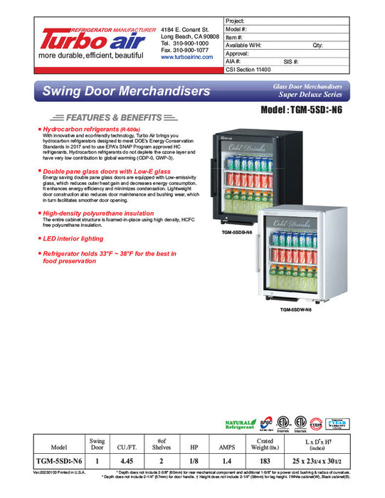 Turbo Air TGM-5SDB-N6 25" Black Super Deluxe Countertop Refrigerator w/ Glass Swing Door – Front Access, LED Lighting, 115v - Donut-Equipment.com