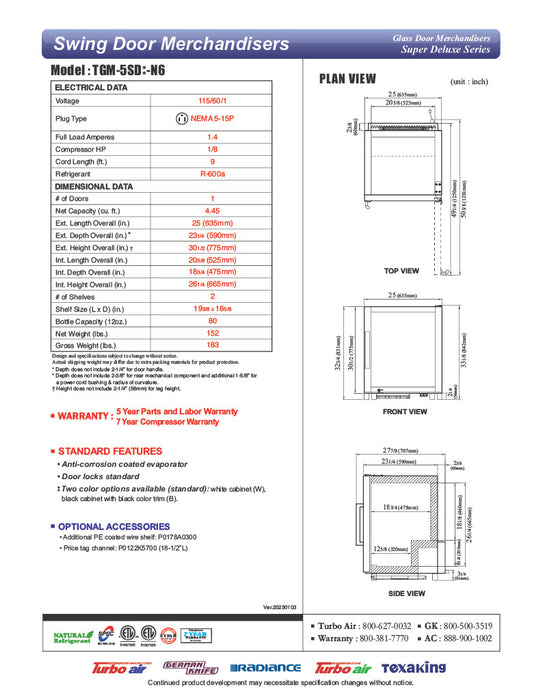 Turbo Air TGM-5SDB-N6 25" Black Super Deluxe Countertop Refrigerator w/ Glass Swing Door – Front Access, LED Lighting, 115v - Donut-Equipment.com