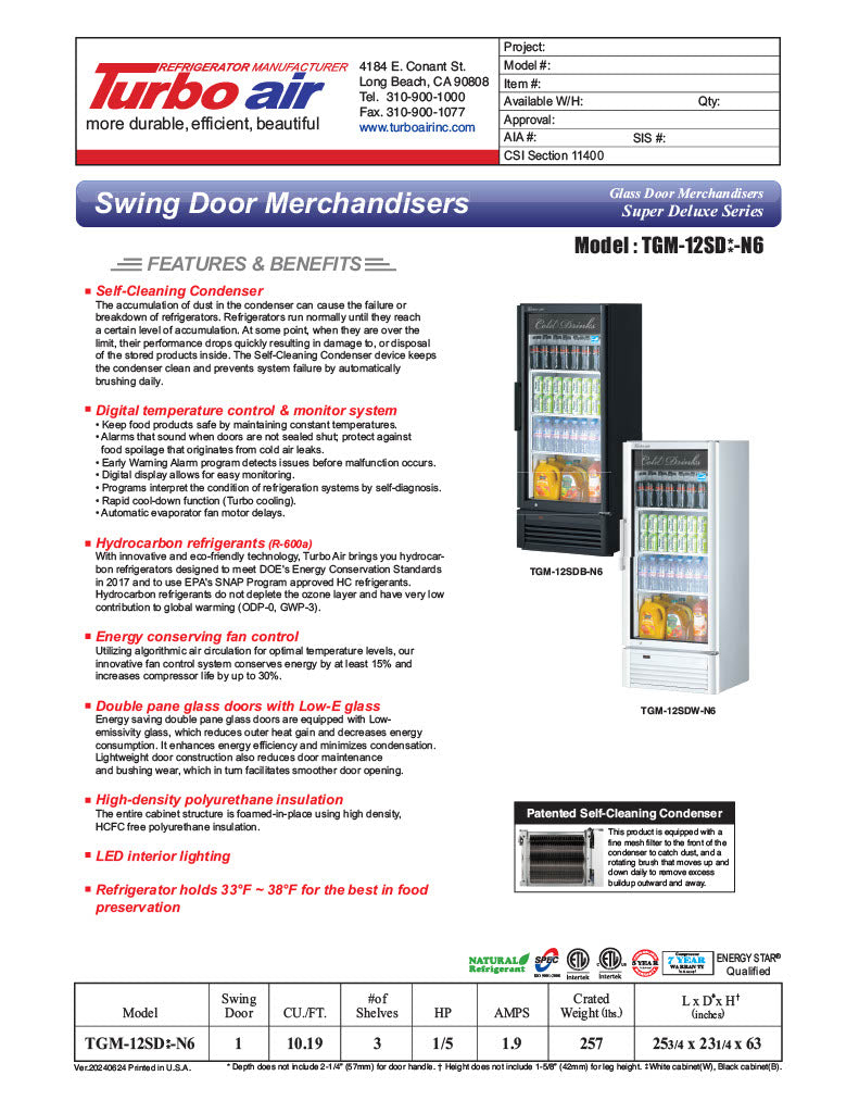 Turbo Air TGM-12SDB-N6 26" Black Super Deluxe Countertop Refrigerator w/ Glass Swing Door – LED Interior, Front Access, 115v - Donut-Equipment.com