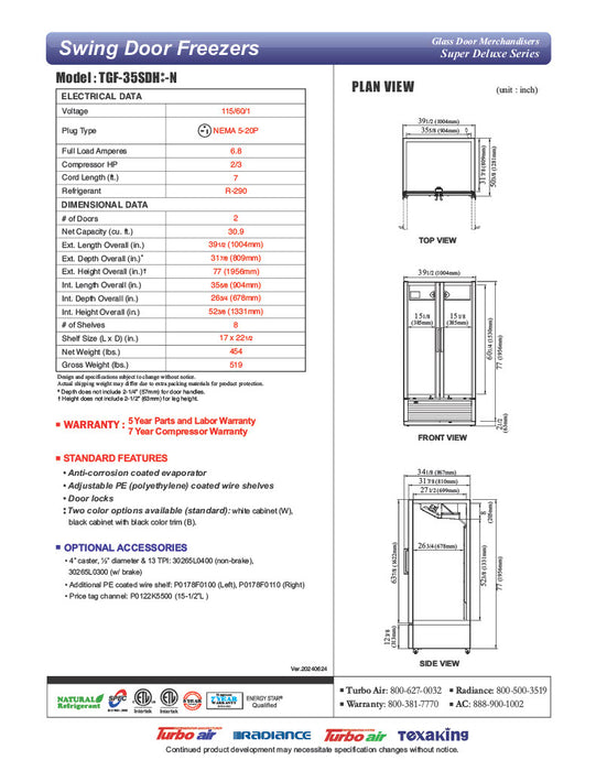 Turbo Air TGF-35SDH-N 39 1/2" White Super Deluxe Two Section Display Freezer w/ Swing Doors – Bottom Mount Compressor, LED Lighting, 115v - Donut-Equipment.com