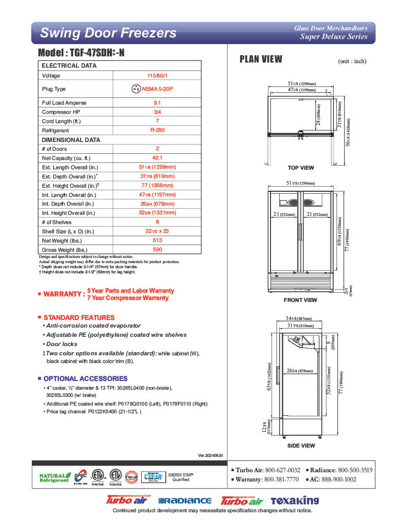 Turbo Air TGF-47SDH-N 51 1/8" White Super Deluxe Two Section Display Freezer w/ Swing Doors – Bottom Mount Compressor, LED Lighting, 115v - Donut-Equipment.com