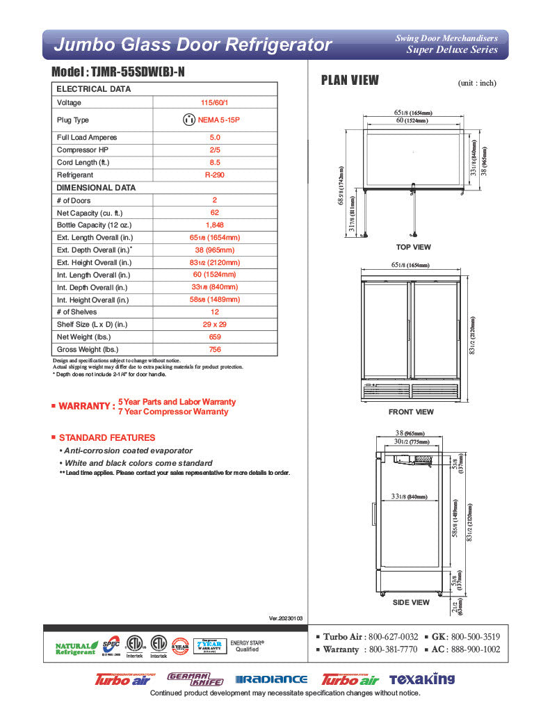 Turbo Air TJMR-55SDW-N 65 1/8" White Super Deluxe Two Section Glass Door Merchandiser – (2) Swing Doors, 115v - Donut-Equipment.com