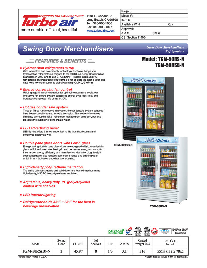 Turbo Air TGM-50RSB-N 56" Series Two Section Glass Door Merchandiser - (2) Left/Right Hinge Doors, Black, 115v - Donut-Equipment.com