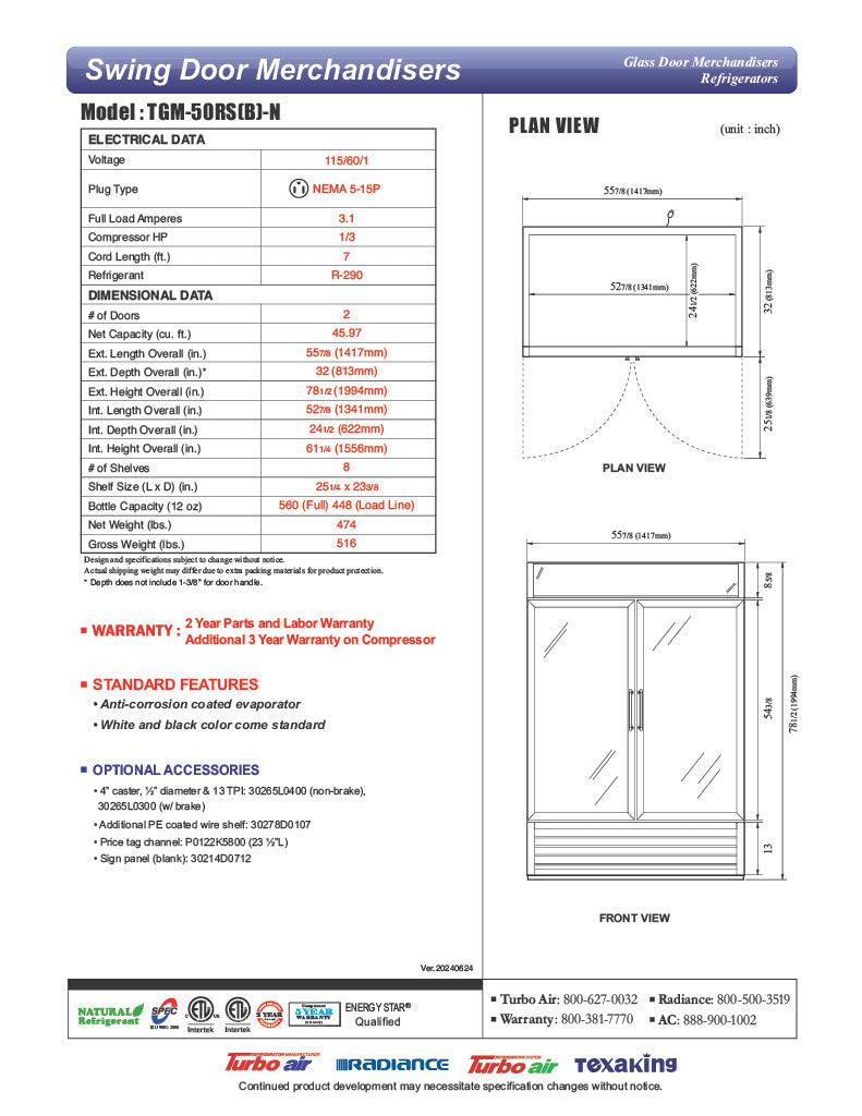 Turbo Air TGM-50RSB-N 56" Series Two Section Glass Door Merchandiser - (2) Left/Right Hinge Doors, Black, 115v - Donut-Equipment.com