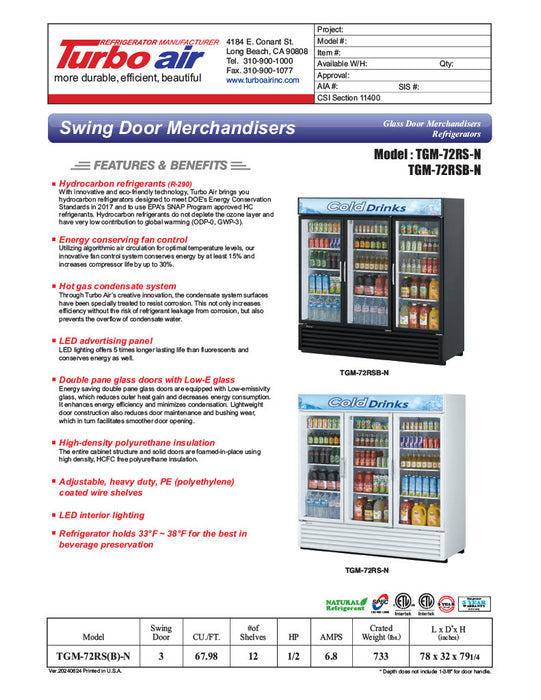 Turbo Air TGM-72RSB-N 78" Series Three Section Glass Door Merchandiser - (3) Left/Right Hinge Doors, Black, 115v - Donut-Equipment.com