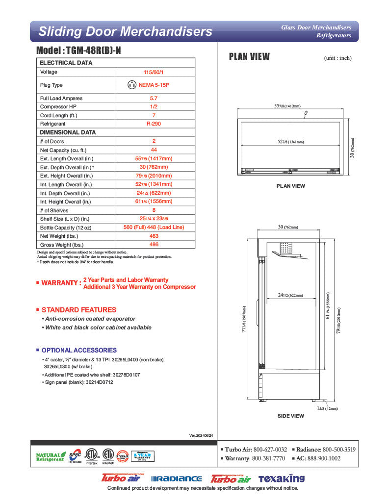 Turbo Air TGM-48RB-N 56" Series Two Section Glass Door Merchandiser - (2) Sliding Doors, Black, 115v - Donut-Equipment.com