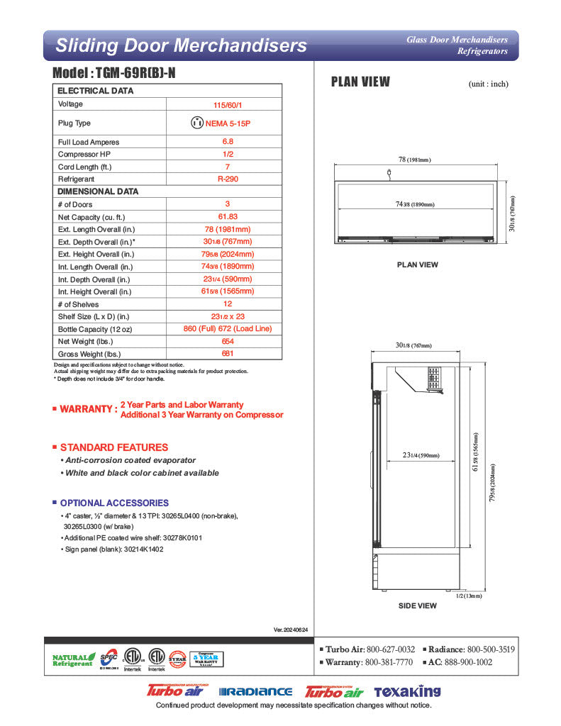 Turbo Air TGM-69RB-N 78" Black Three Section Glass Door Merchandiser Refrigerator – (3) Swing Doors, LED Lighting, 115v - Donut-Equipment.com