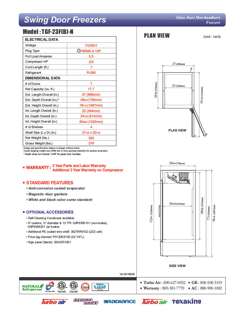 Turbo Air TGF-23FB-N 27" One Section Display Freezer w/ Swing Door - Bottom Mount Compressor, Black, 115v - Donut-Equipment.com