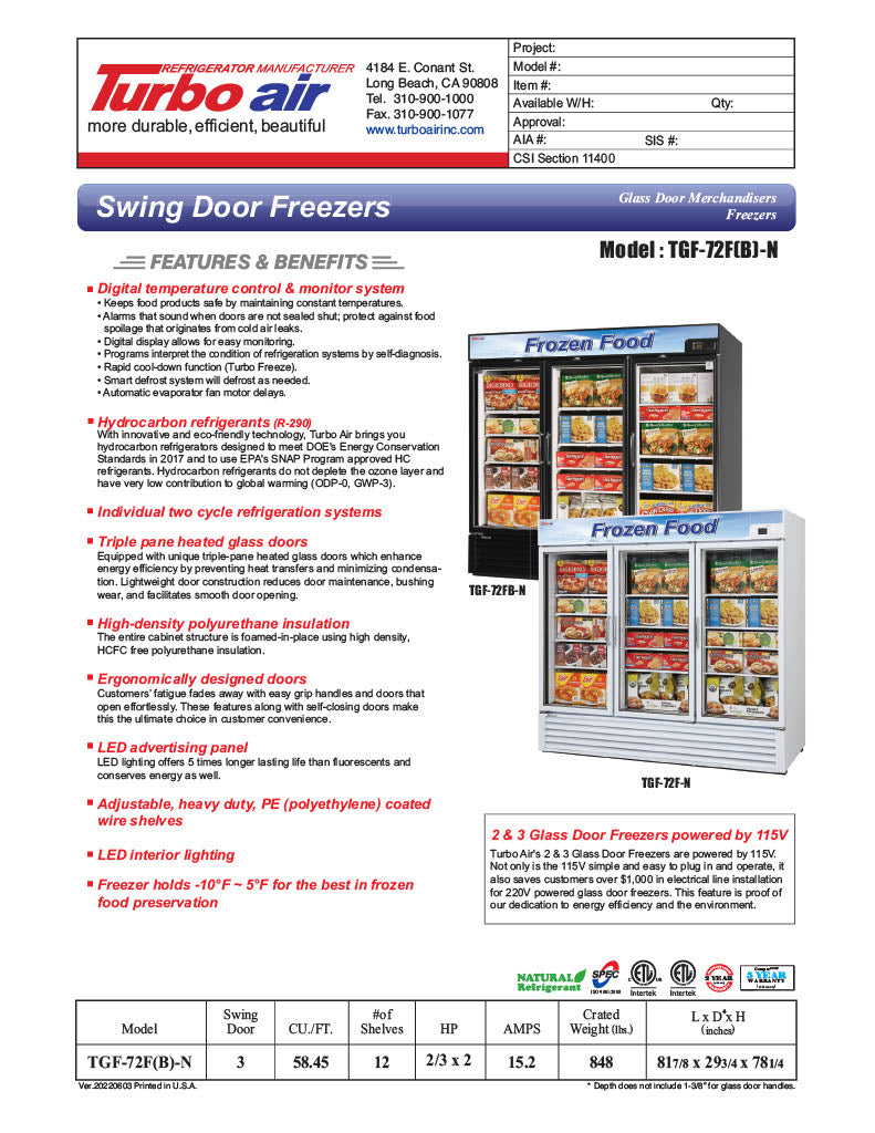 Turbo Air TGF-72FB-N 81 7/8" Three Section Display Freezer w/ Swing Doors - Bottom Mount Compressor, Black, 115v - Donut-Equipment.com