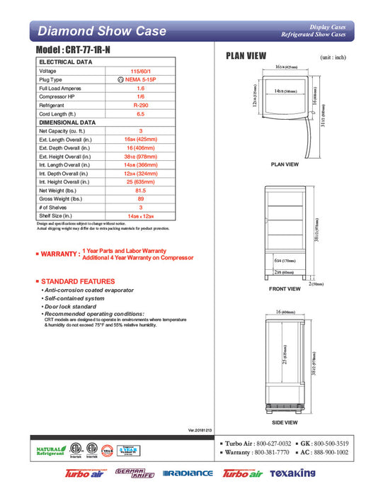 Turbo Air CRT-77-1R-N 17" Diamond Series Glass Sided Countertop Display Refrigerator – One Section, Rear Access, LED Lighting, 115v - Donut-Equipment.com