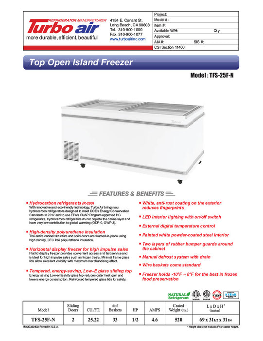 Turbo Air TFS-25F-N 69" Mobile Chest Freezer w/ (33) Baskets - White, 115v - Donut-Equipment.com