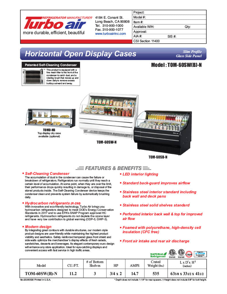 Turbo Air TOM-60SB-N 63" Slim Line Horizontal Open Air Cooler w/ (3) Levels – Black Exterior, 115v - Donut-Equipment.com