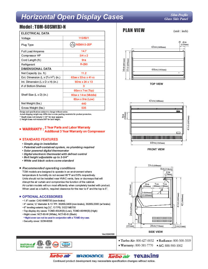 Turbo Air TOM-60SB-N 63" Slim Line Horizontal Open Air Cooler w/ (3) Levels – Black Exterior, 115v - Donut-Equipment.com