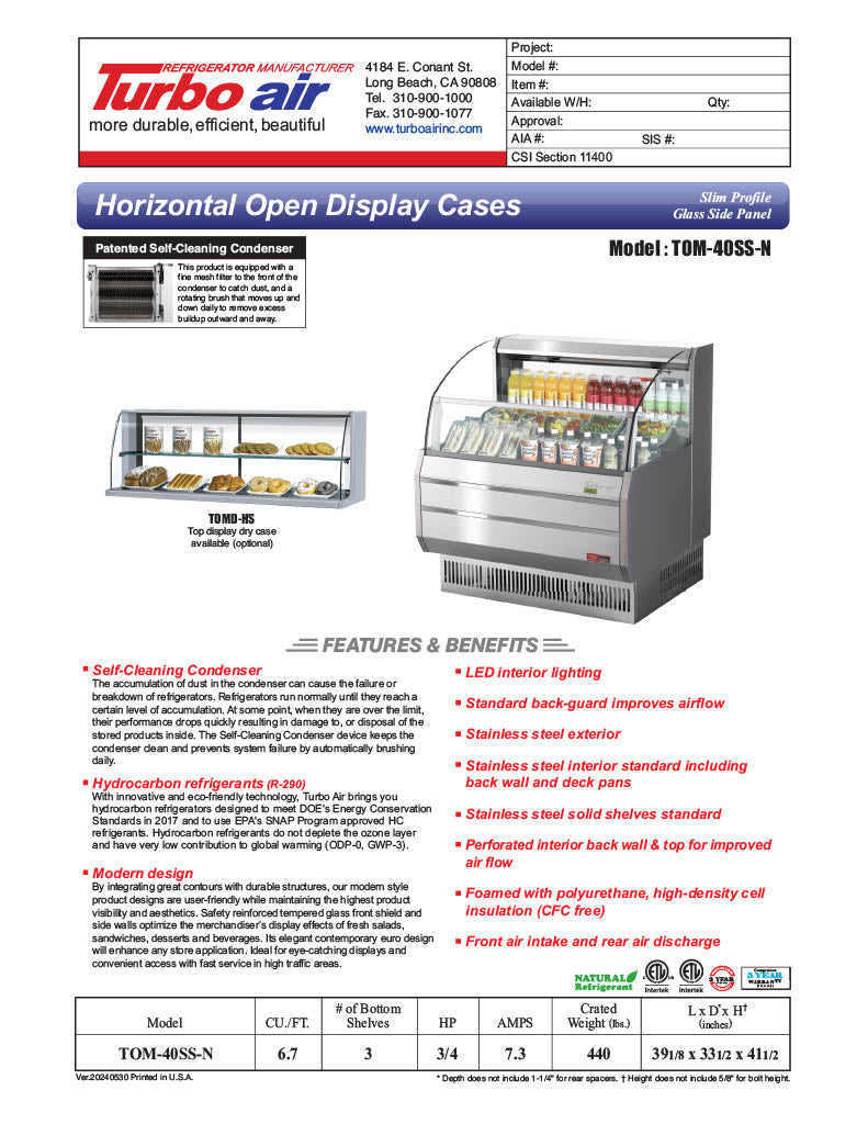 Turbo Air TOM-40SS-N 39" Slim Line Horizontal Open Air Cooler w/ (2) Levels – Stainless Steel Exterior, 115v - Donut-Equipment.com