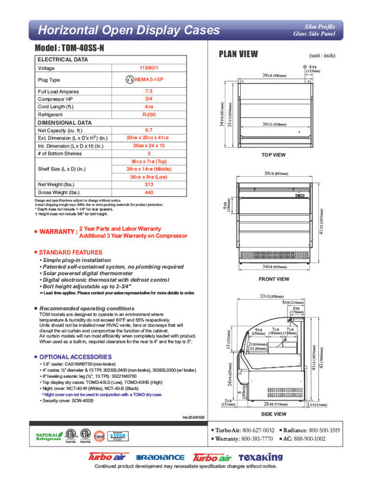 Turbo Air TOM-40SS-N 39" Slim Line Horizontal Open Air Cooler w/ (2) Levels – Stainless Steel Exterior, 115v - Donut-Equipment.com