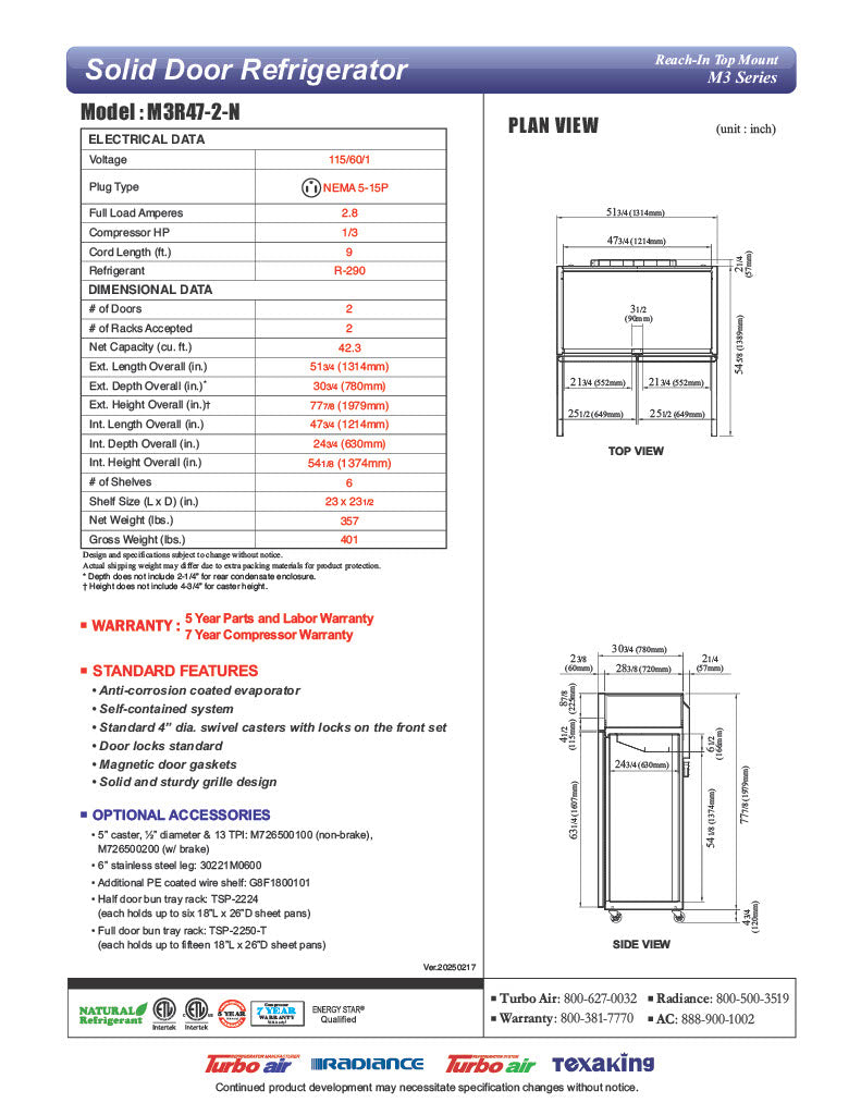 Turbo Air M3R47-2-N 51" Two Section Reach-In Refrigerator w/ (2) Solid Doors – Top Mount, Stainless Exterior, Aluminum Interior, 115v - Donut-Equipment.com