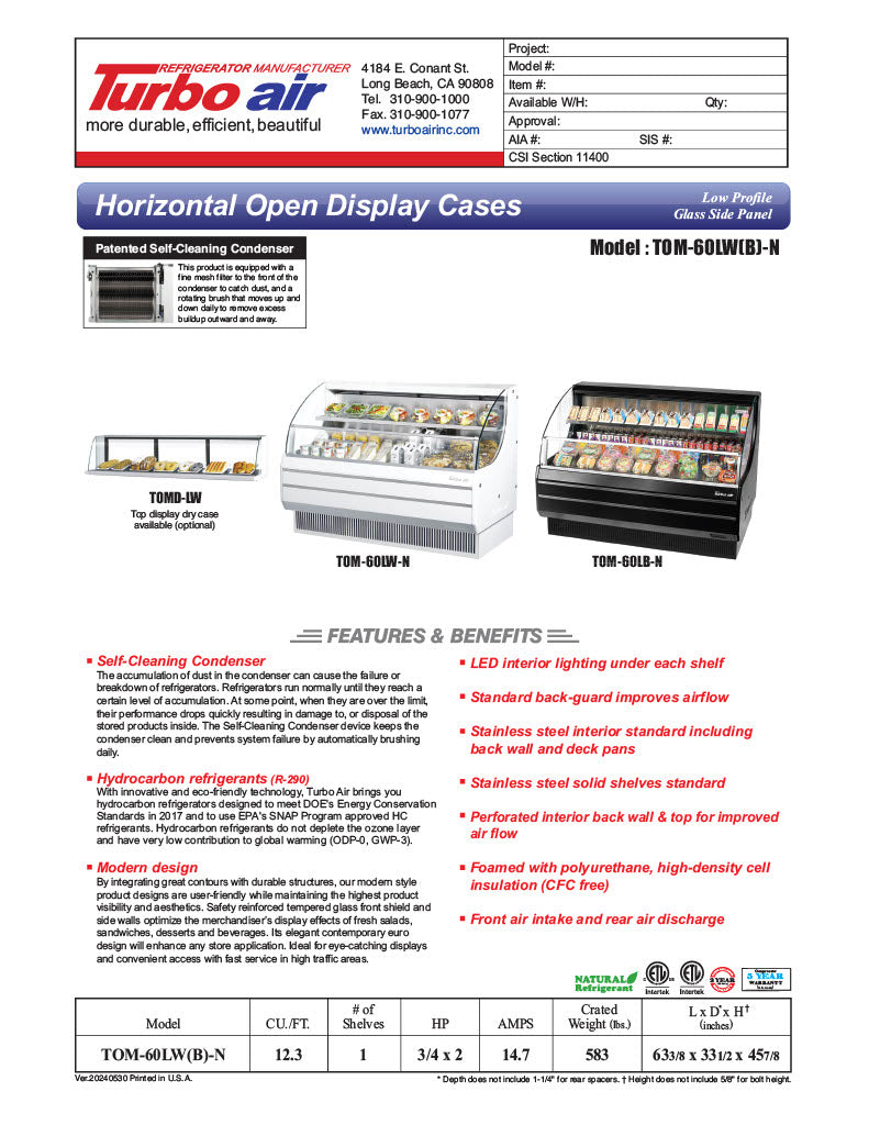 Turbo Air TOM-60LB-N 63 1/4" Horizontal Open Air Cooler w/ (2) Levels – Low Profile, Black Exterior, 115v - Donut-Equipment.com