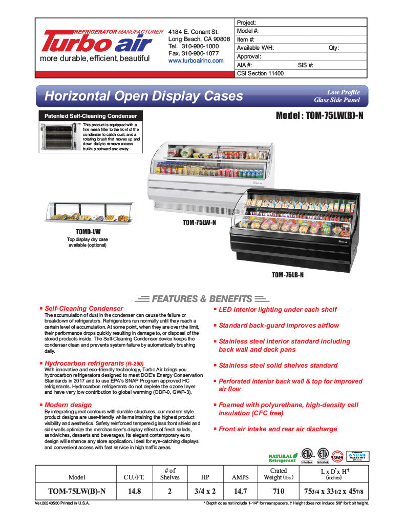 Turbo Air TOM-75LB-N 75 5/8" Horizontal Open Air Cooler w/ (2) Levels – Low Profile Display Merchandiser, Black Exterior, 115v - Donut-Equipment.com