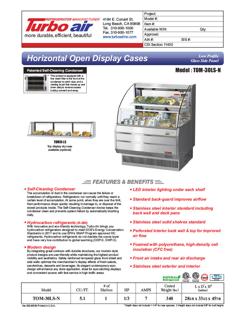 Turbo Air TOM-30LS-N 28 1/8" Horizontal Open Air Cooler w/ (2) Levels – Slim Line Display Merchandiser, 115v - Donut-Equipment.com