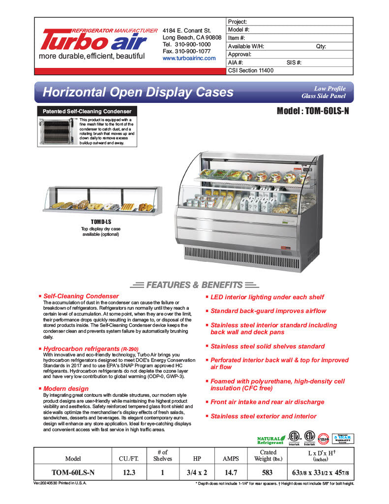 Turbo Air TOM-60LS-N 63" Low Profile Horizontal Open Air Cooler – Stainless Steel Refrigerated Curtain Merchandiser w/ (2) Levels, 115v - Donut-Equipment.com