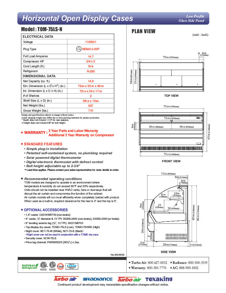 Turbo Air TOM-75LS-N 75" Low Profile Horizontal Open Air Cooler – Stainless Steel Refrigerated Curtain Merchandiser w/ (2) Levels, 115v - Donut-Equipment.com