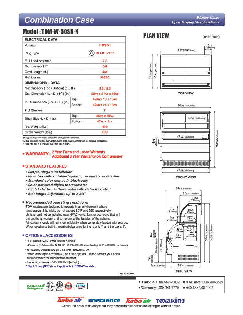 Turbo Air TOM-W-50SB-N 50 7/8" Black Horizontal Open Air Cooler w/ (4) Levels – Wide Display Merchandiser, 115v - Donut-Equipment.com