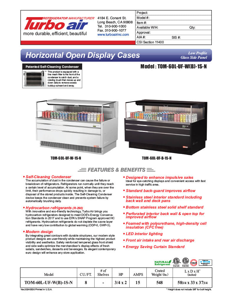 Turbo Air TOM-60L-UF-W-1S-N 58 3/4" White Low Profile Horizontal Open Air Cooler w/ (1) Level – Ultra Front Merchandiser, 115v - Donut-Equipment.com