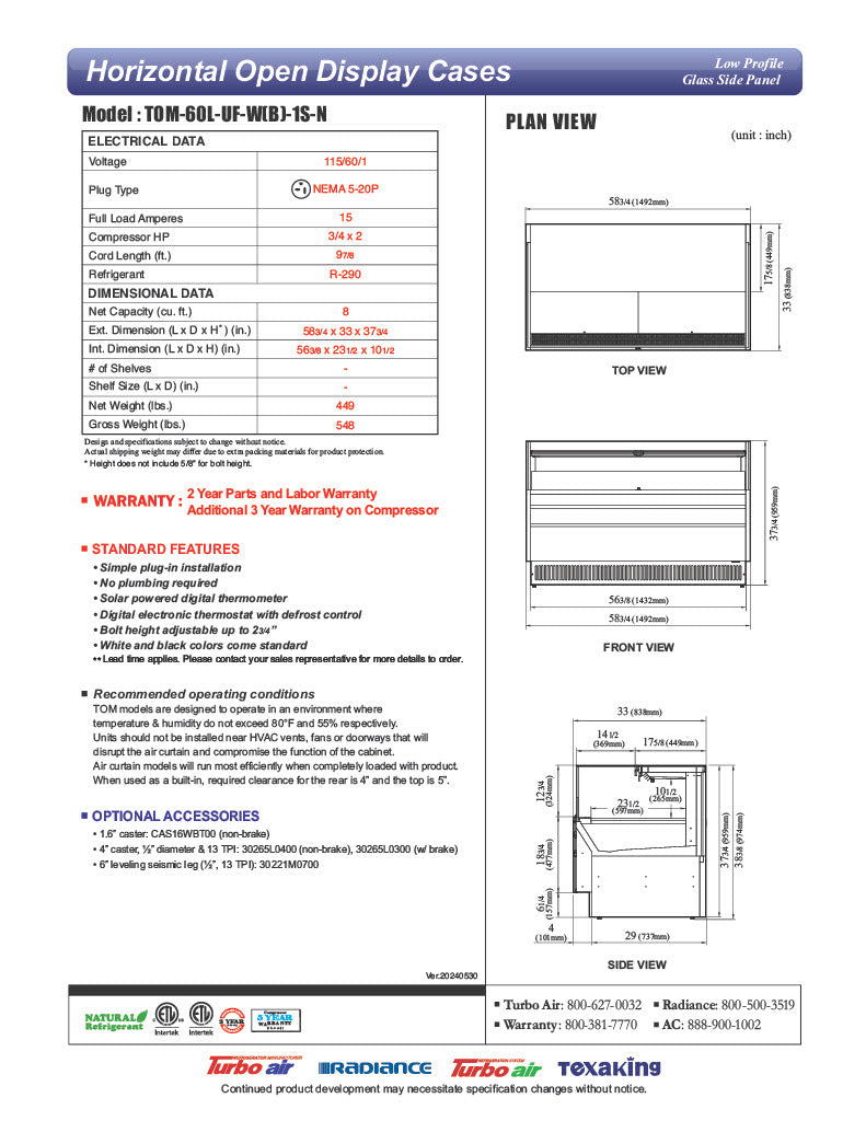 Turbo Air TOM-60L-UF-W-1S-N 58 3/4" White Low Profile Horizontal Open Air Cooler w/ (1) Level – Ultra Front Merchandiser, 115v - Donut-Equipment.com