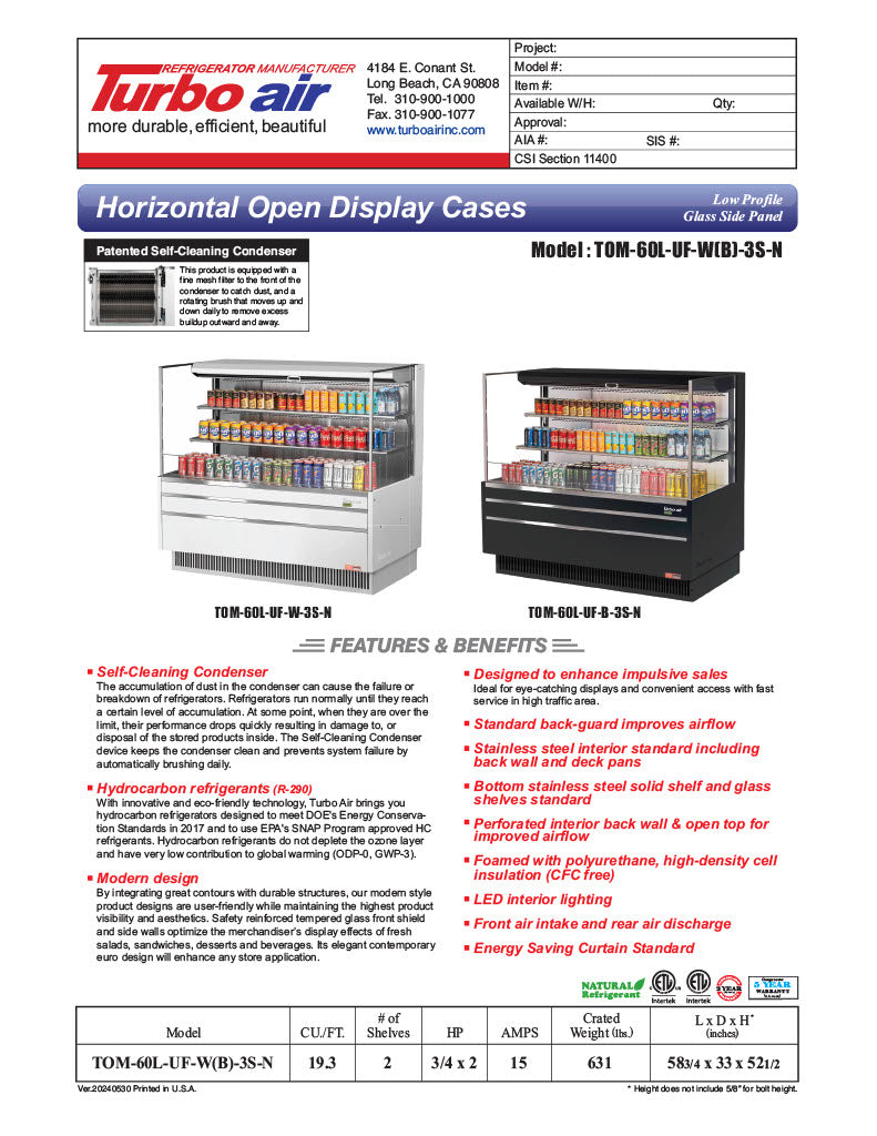 Turbo Air TOM-60L-UF-W-3S-N 58 3/4" White Low Profile Horizontal Open Air Cooler w/ (3) Levels – Ultra Front Merchandiser, 115v - Donut-Equipment.com