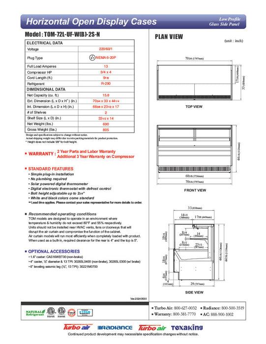 Turbo Air TOM-72L-UF-W-2S-N 70 3/4" White Low Profile Horizontal Open Air Cooler w/ (2) Levels – Ultra Front Merchandiser, 220v/1ph - Donut-Equipment.com