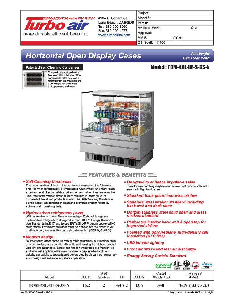 Turbo Air TOM-48L-UF-S-3S-N 46 3/4" Stainless Steel Low Profile Horizontal Open Air Cooler w/ (3) Levels – Ultra Front Merchandiser, 115v - Donut-Equipment.com