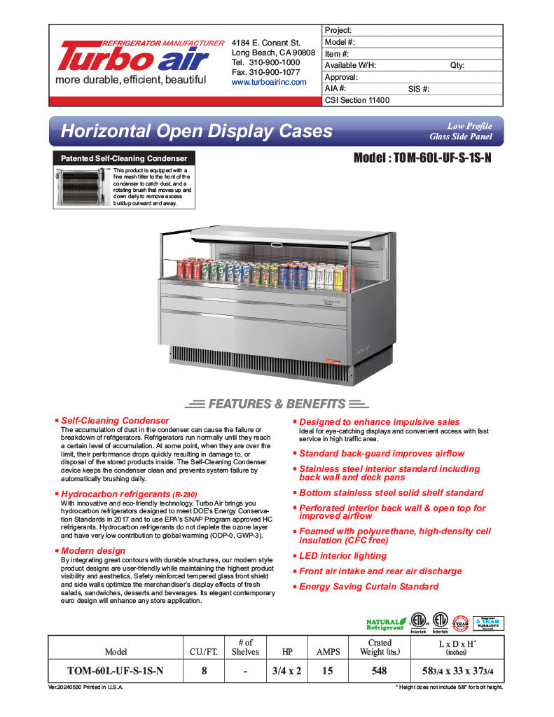 Turbo Air TOM-60L-UF-S-1S-N 58 3/4" Stainless Steel Low Profile Horizontal Open Air Cooler w/ (1) Level – Ultra Front Merchandiser, 115v - Donut-Equipment.com